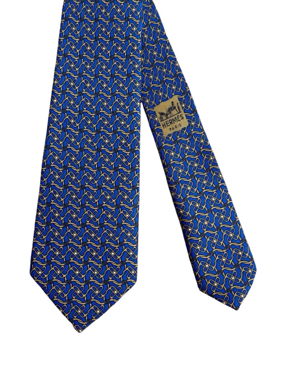 VINTAGE Hermès Paris Silk Tie 824 EA Interlocking Knot Geometric Blue/Gold